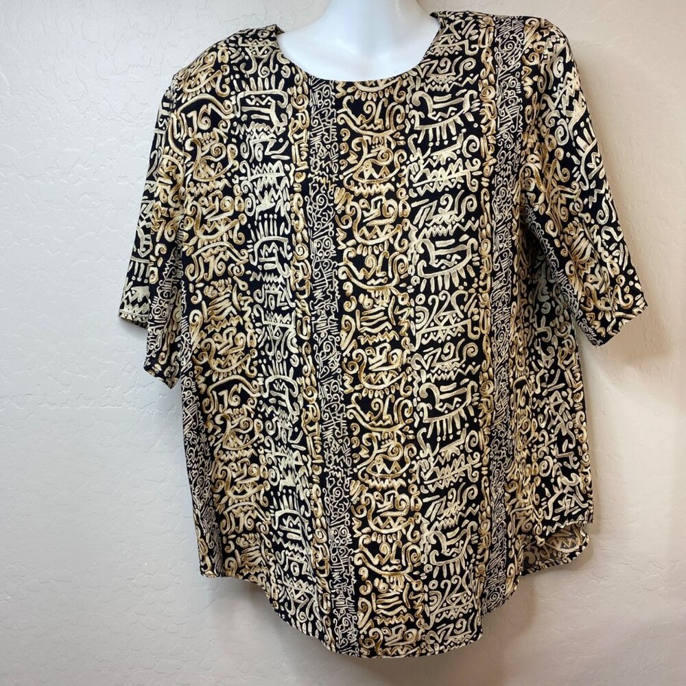 Fitting Image Womens Tribal Pattern Loose Fit Tunic Blouse Black Gold Size 1X